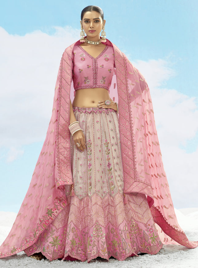 Ravishing Ash Grey and Rose Pink Silk Embroidered Designer Wedding Lehenga Choli Set