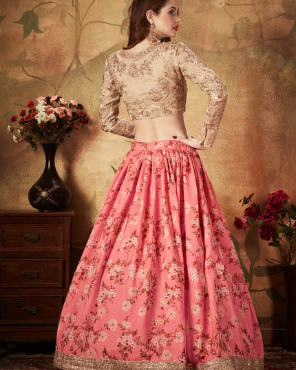 Flawless Pink and Beige Organza Printed Wedding Lehenga Choli