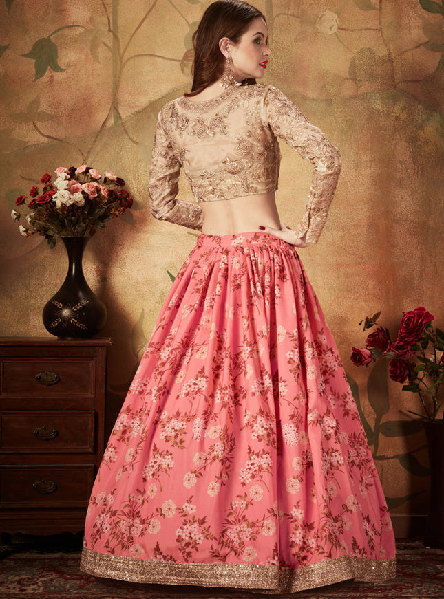 Flawless Pink and Beige Organza Printed Wedding Lehenga Choli