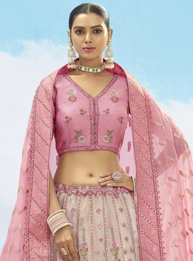 Ravishing Ash Grey and Rose Pink Silk Embroidered Designer Wedding Lehenga Choli Set