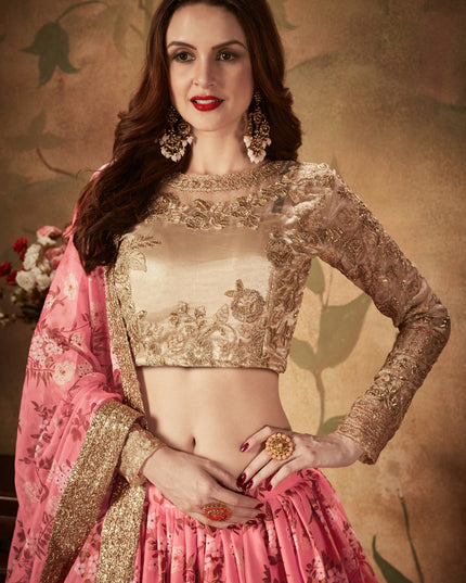 Flawless Pink and Beige Organza Printed Wedding Lehenga Choli