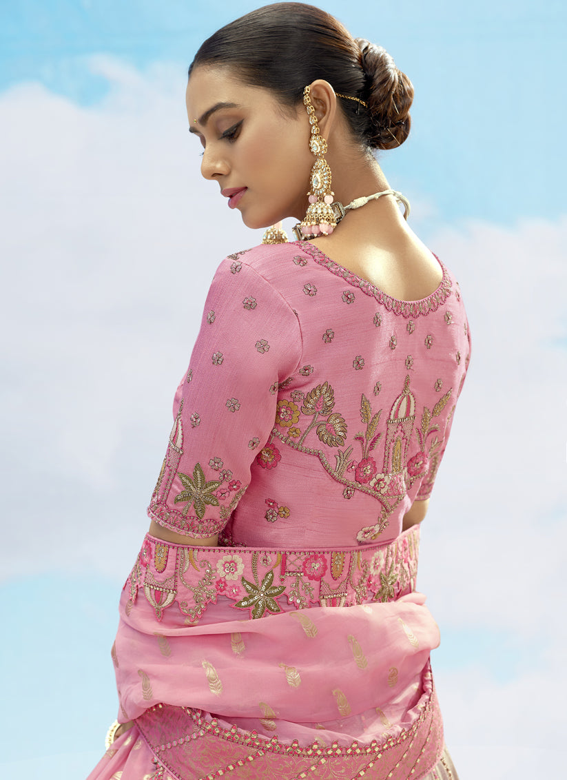 Ravishing Ash Grey and Rose Pink Silk Embroidered Designer Wedding Lehenga Choli Set