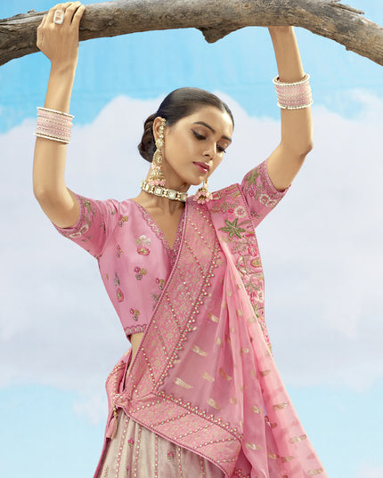 Ravishing Ash Grey and Rose Pink Silk Embroidered Designer Wedding Lehenga Choli Set