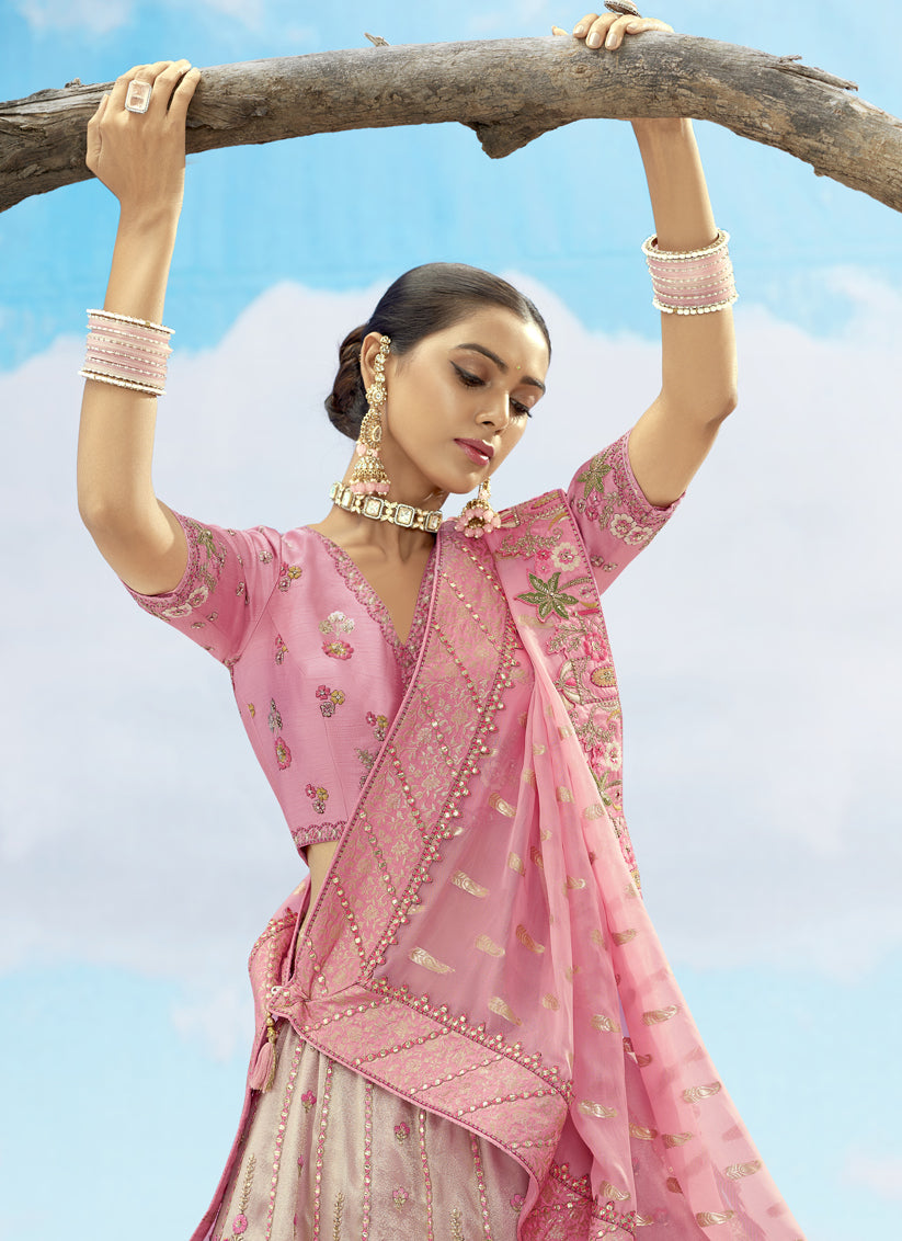 Ravishing Ash Grey and Rose Pink Silk Embroidered Designer Wedding Lehenga Choli Set