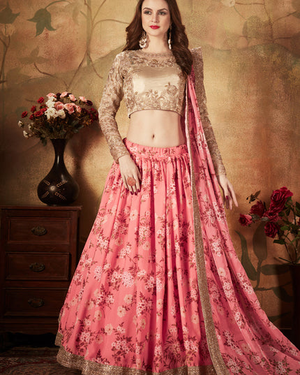 Flawless Pink and Beige Organza Printed Wedding Lehenga Choli