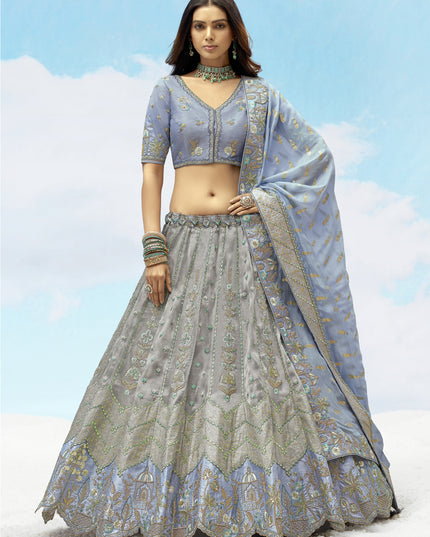 Bewitching Silver Grey Silk Embroidered Designer Wedding Lehenga Choli Set