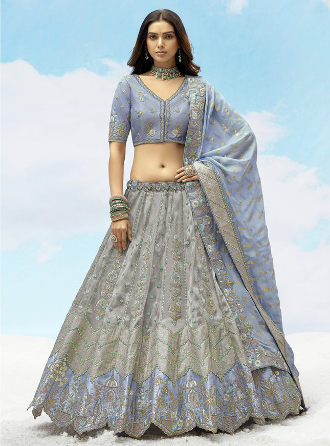 Bewitching Silver Grey Silk Embroidered Designer Wedding Lehenga Choli Set