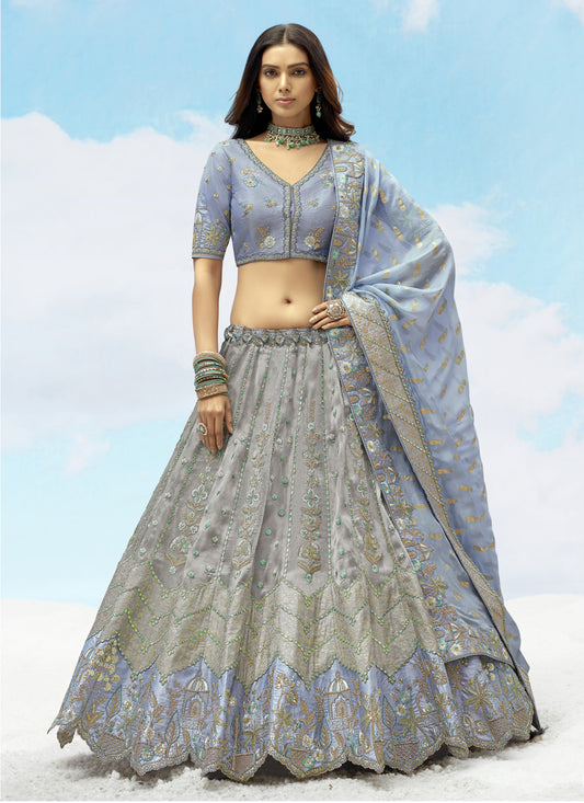 Bewitching Silver Grey Silk Embroidered Designer Wedding Lehenga Choli Set