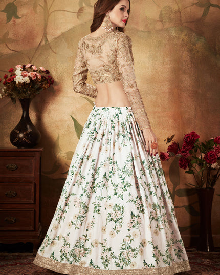 Exquisite Off White and Beige Organza Printed Wedding Lehenga Choli