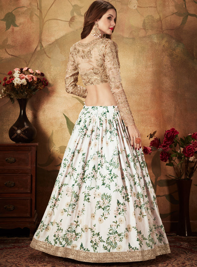 Exquisite Off White and Beige Organza Printed Wedding Lehenga Choli