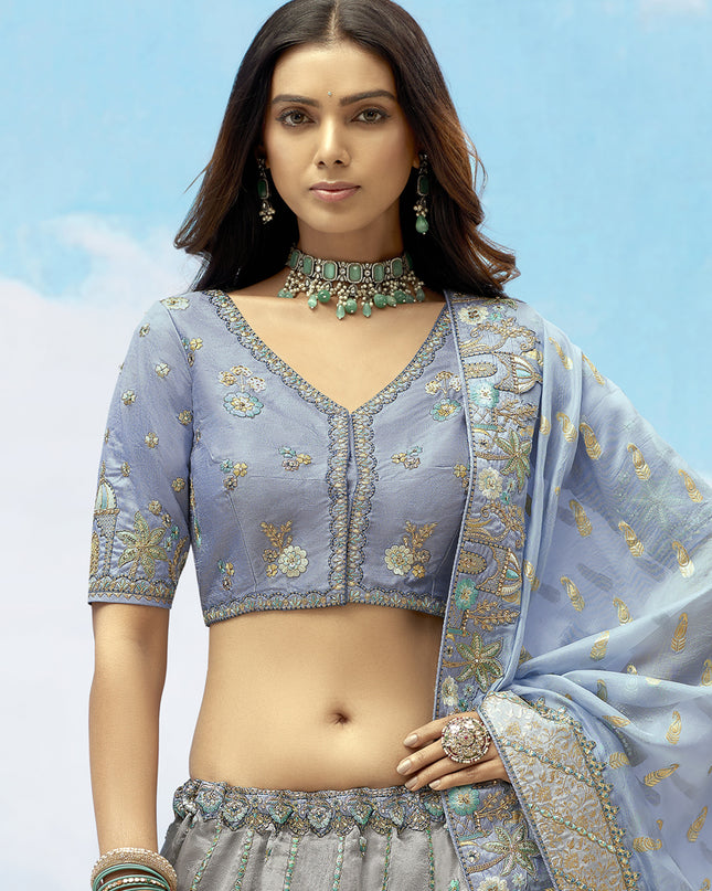 Bewitching Silver Grey Silk Embroidered Designer Wedding Lehenga Choli Set