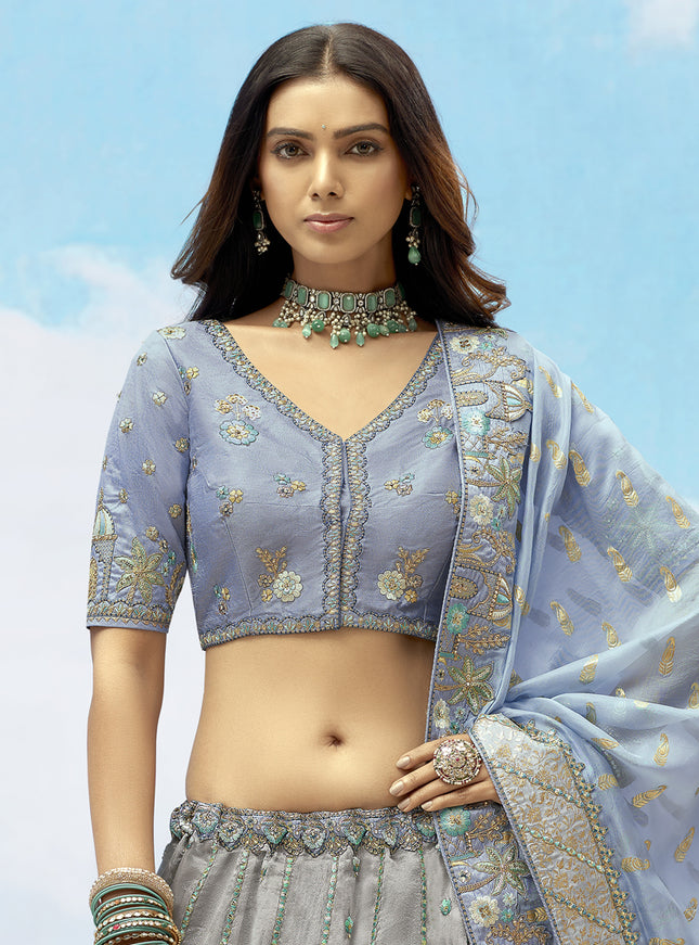 Bewitching Silver Grey Silk Embroidered Designer Wedding Lehenga Choli Set