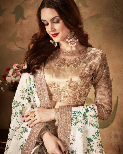 Exquisite Off White and Beige Organza Printed Wedding Lehenga Choli