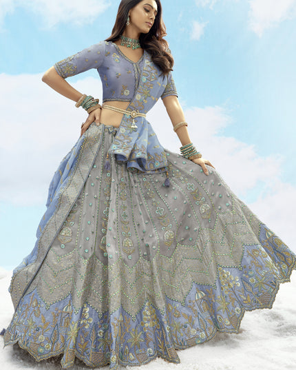 Bewitching Silver Grey Silk Embroidered Designer Wedding Lehenga Choli Set