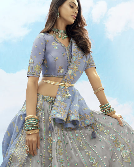 Bewitching Silver Grey Silk Embroidered Designer Wedding Lehenga Choli Set