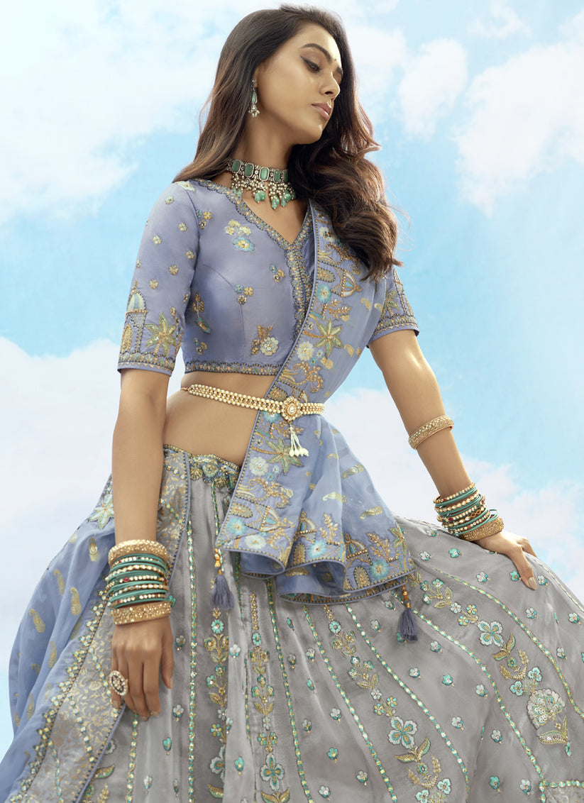 Bewitching Silver Grey Silk Embroidered Designer Wedding Lehenga Choli Set