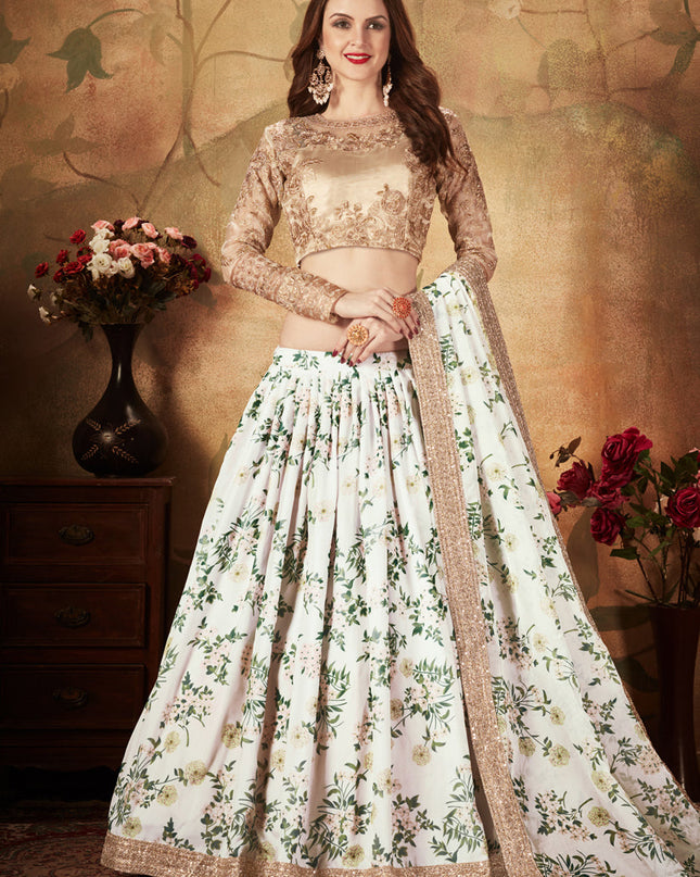 Exquisite Off White and Beige Organza Printed Wedding Lehenga Choli