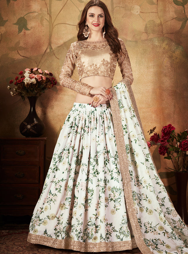 Exquisite Off White and Beige Organza Printed Wedding Lehenga Choli