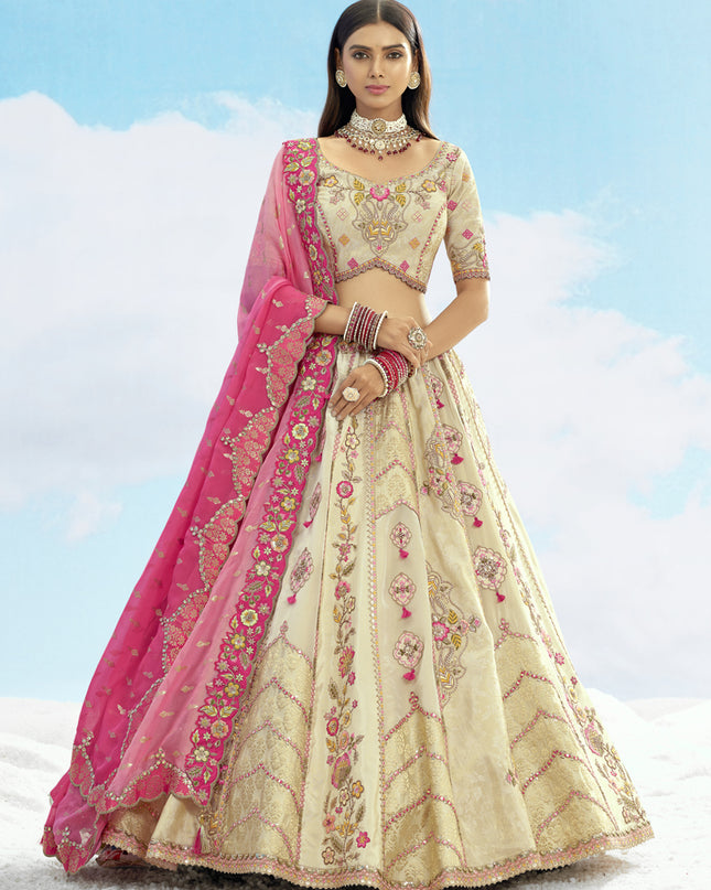 Pretty Cream Silk Embroidered Designer Wedding Lehenga Choli Set