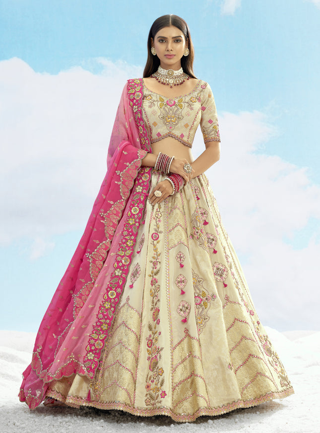 Pretty Cream Silk Embroidered Designer Wedding Lehenga Choli Set