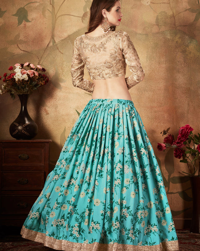 Charismatic Sky Blue and Beige Organza Printed Wedding Lehenga Choli
