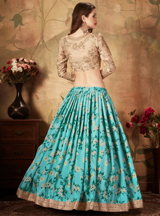 Charismatic Sky Blue and Beige Organza Printed Wedding Lehenga Choli