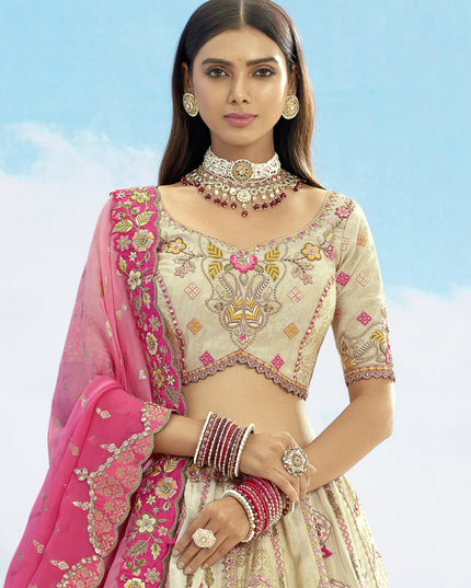 Pretty Cream Silk Embroidered Designer Wedding Lehenga Choli Set