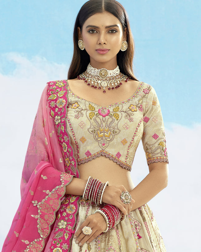 Pretty Cream Silk Embroidered Designer Wedding Lehenga Choli Set