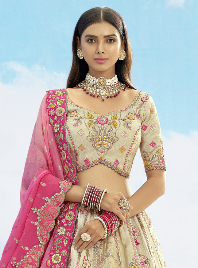 Pretty Cream Silk Embroidered Designer Wedding Lehenga Choli Set