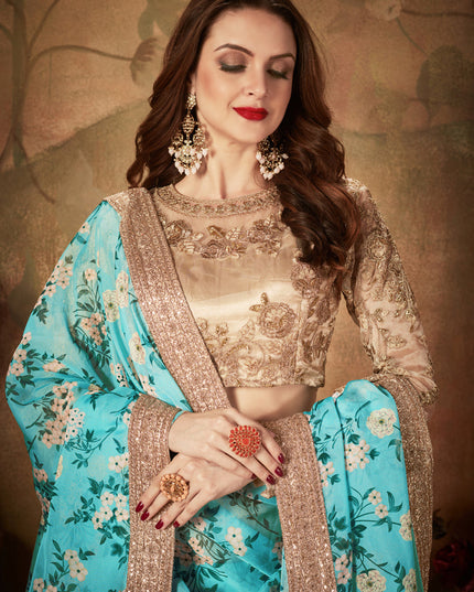 Charismatic Sky Blue and Beige Organza Printed Wedding Lehenga Choli