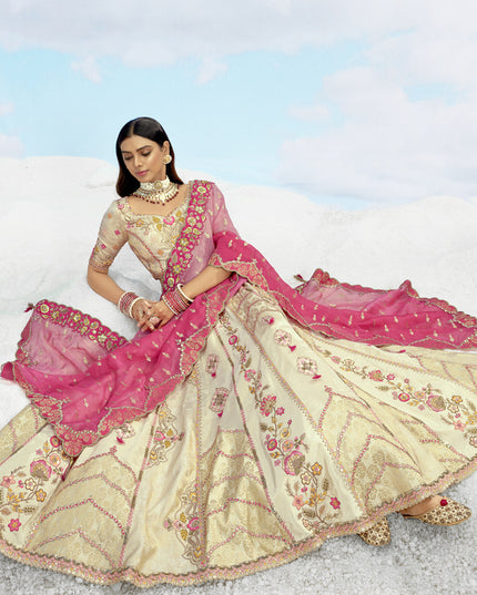 Pretty Cream Silk Embroidered Designer Wedding Lehenga Choli Set