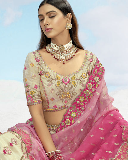 Pretty Cream Silk Embroidered Designer Wedding Lehenga Choli Set