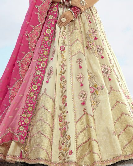 Pretty Cream Silk Embroidered Designer Wedding Lehenga Choli Set