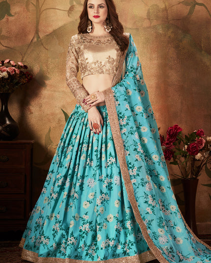 Charismatic Sky Blue and Beige Organza Printed Wedding Lehenga Choli