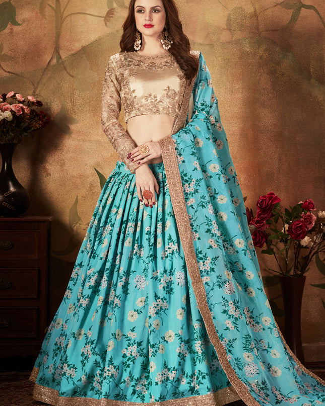 Charismatic Sky Blue and Beige Organza Printed Wedding Lehenga Choli
