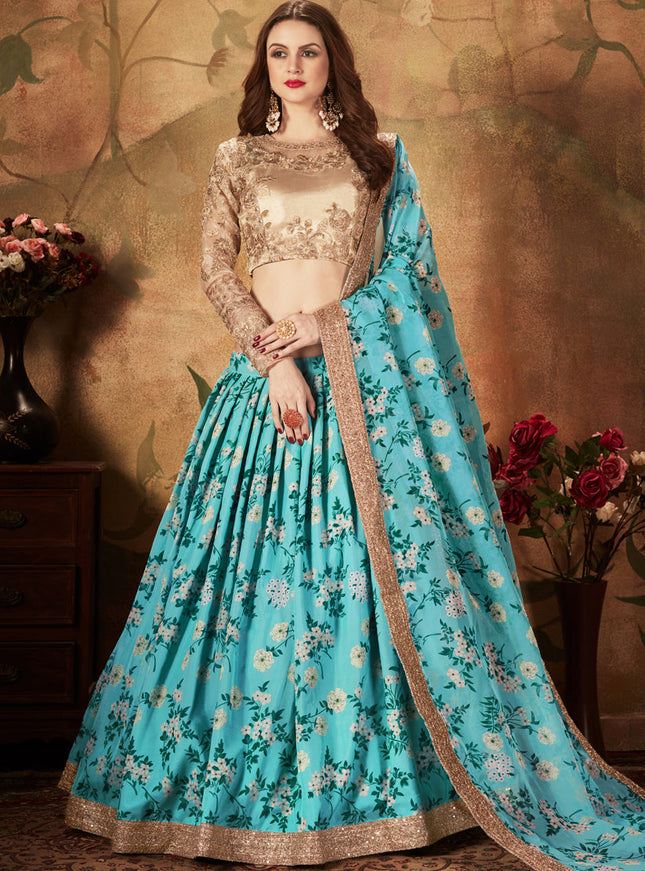 Charismatic Sky Blue and Beige Organza Printed Wedding Lehenga Choli
