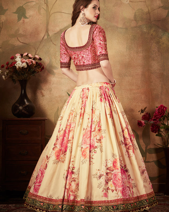 Spectacular Beige and Peach Organza Printed Wedding Lehenga Choli