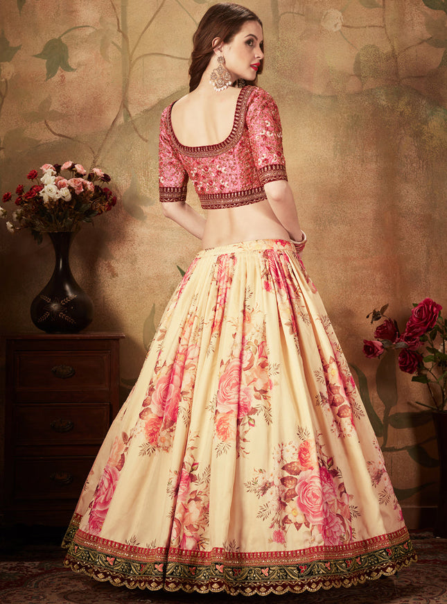 Spectacular Beige and Peach Organza Printed Wedding Lehenga Choli