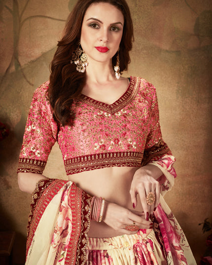 Spectacular Beige and Peach Organza Printed Wedding Lehenga Choli
