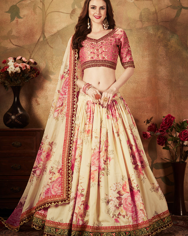 Spectacular Beige and Peach Organza Printed Wedding Lehenga Choli