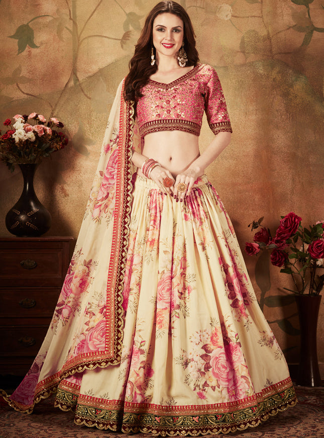 Spectacular Beige and Peach Organza Printed Wedding Lehenga Choli