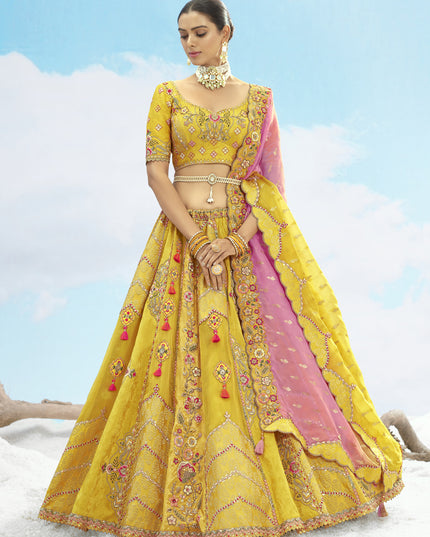 Lovely Lemon Yellow Silk Embroidered Designer Wedding Lehenga Choli Set