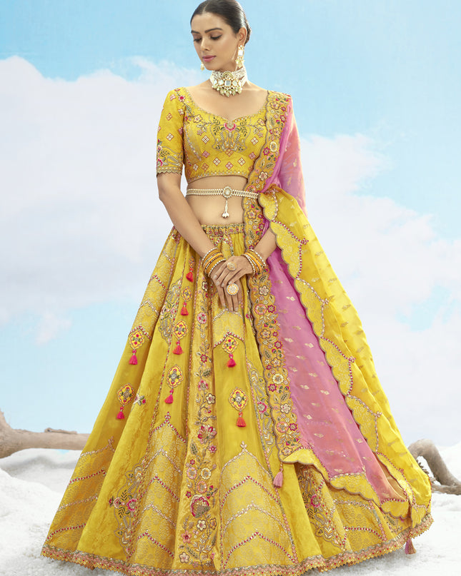Lovely Lemon Yellow Silk Embroidered Designer Wedding Lehenga Choli Set