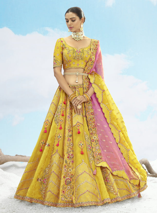 Lovely Lemon Yellow Silk Embroidered Designer Wedding Lehenga Choli Set