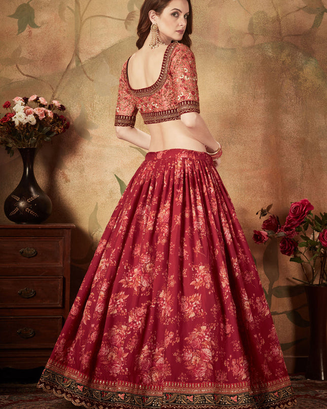 Astonishing Maroon and Peach Organza Printed Wedding Lehenga Choli