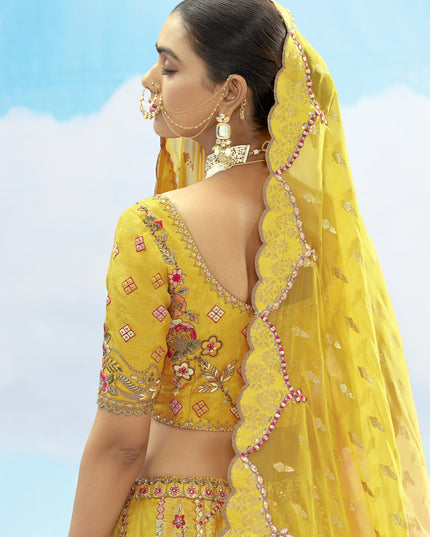 Lovely Lemon Yellow Silk Embroidered Designer Wedding Lehenga Choli Set