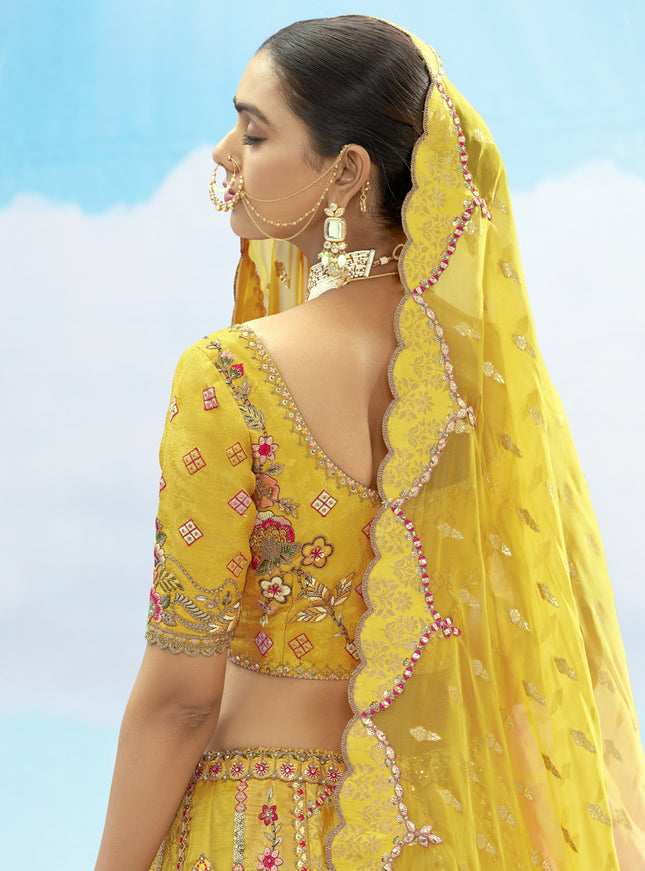 Lovely Lemon Yellow Silk Embroidered Designer Wedding Lehenga Choli Set