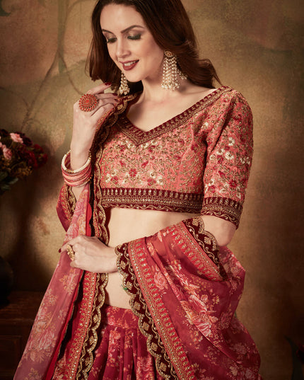 Astonishing Maroon and Peach Organza Printed Wedding Lehenga Choli