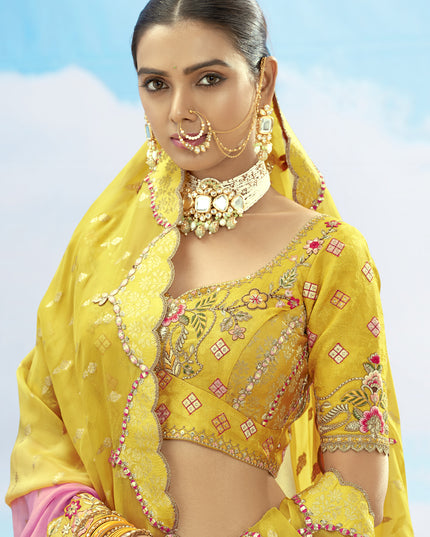 Lovely Lemon Yellow Silk Embroidered Designer Wedding Lehenga Choli Set