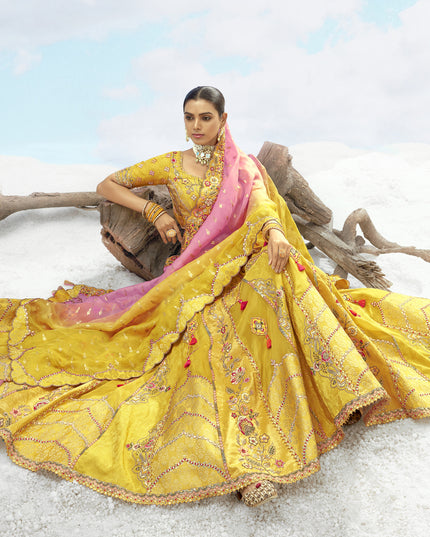 Lovely Lemon Yellow Silk Embroidered Designer Wedding Lehenga Choli Set